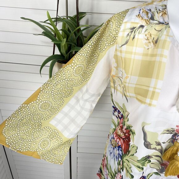 New Avani Del Amour Yellow Multi Floral Tunic Top Tassel‎ Tie Bell Sleeve Size S - Picture 5 of 6
